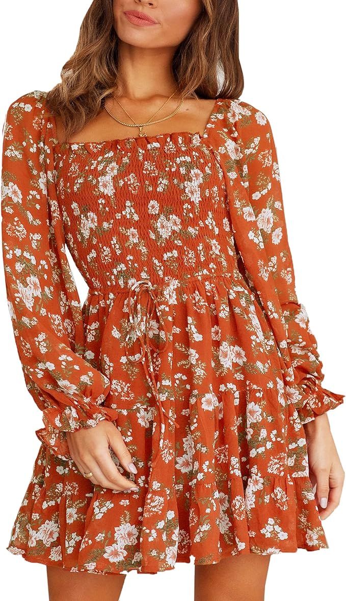Deerose Womens Puff Sleeve Chiffon Floral Swing Mini Dress | Amazon (US)