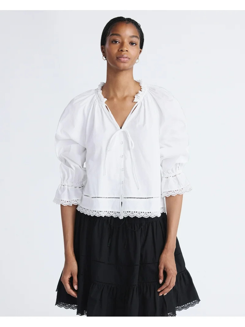 Free Assembly Women's Cotton Eyelet Ruffle Neck Blouse with Long Sleeves, Sizes XS-XXL | Walmart (US)