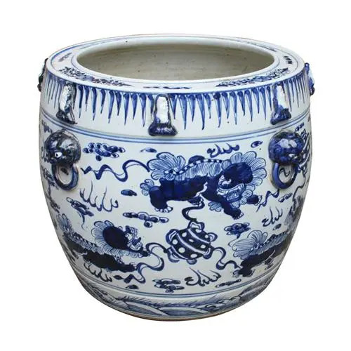 Tallie Modern Classic Blue and White Porcelain Lion Drum Planter | Kathy Kuo Home