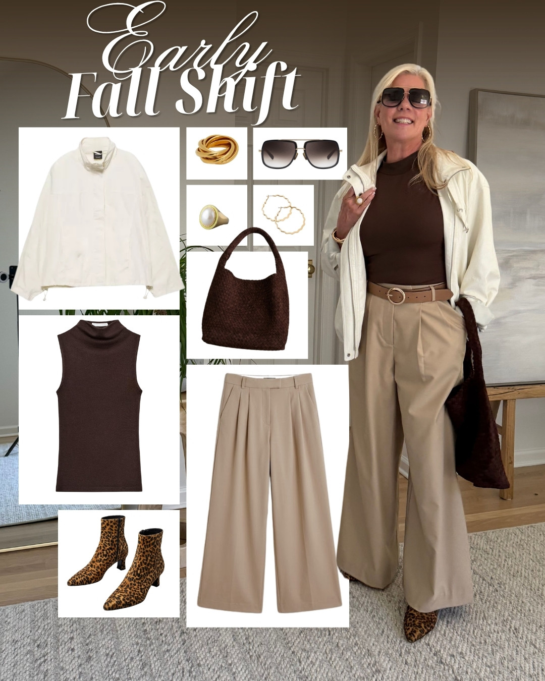 Cream jacket, brown top, wide-leg trousers — this is my whole formula for the season right now. Leopard boots add the twist, and a woven bag keeps it grounded. Easy to throw on, still looks intentional. Items linked below, similar items included — shop before they sell out! 🍂 #falltransition #widelegtrousers #leopardboots #neutraloutfit #fallstyle #fashionover50 #LTKover50 #LTKstyletip 

 #LTKootd #LTKSeasonal #LTKOver40