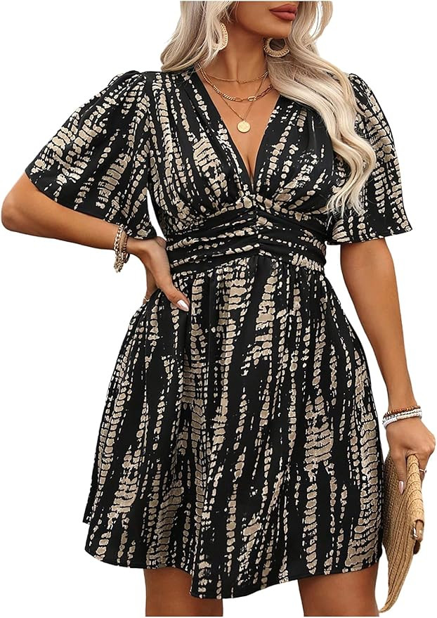 Floerns Women's Plus Size Printed V Neck Short Sleeve Ruffle Hem Summer Short Dresses | Amazon (US)