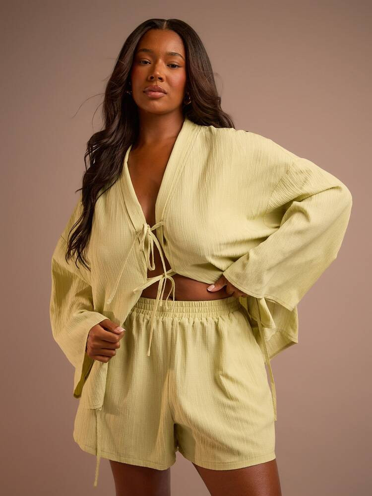 FASHION SZN Plus Size Ladies Textured Shorts Elasticated Waist Beachwear Cover Up Comfy Loose Fitting Summer Holiday Plus Size Vacation Outfit Beach Club Smart Elegant Drawcord Waist Tie Front Elasticated Waist Pockets Festival Boho Beach Club Boho Ibiza | SHEIN