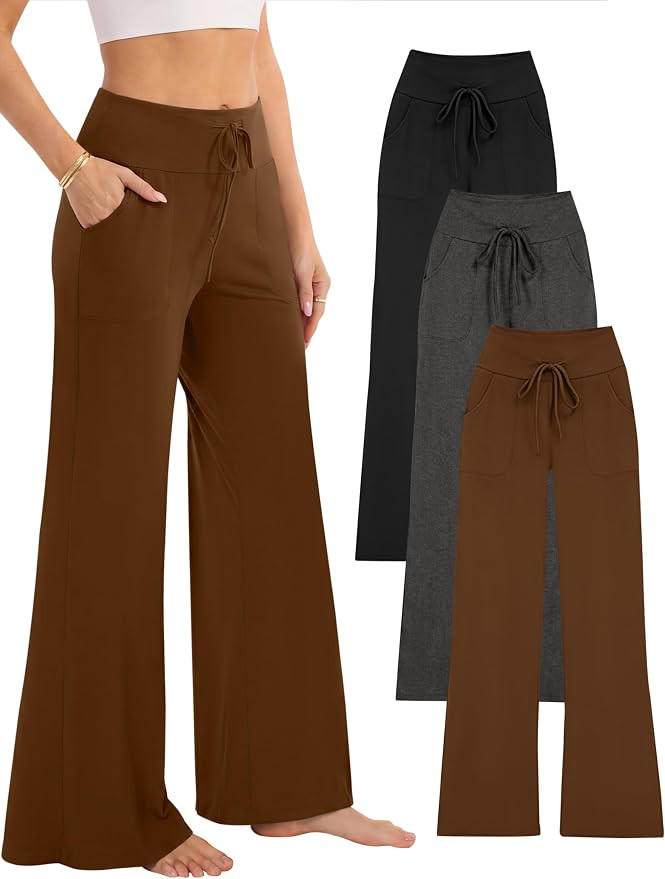 3 Pack Womens Yoga Pajama Pants with Pockets for Lounge | Wide Leg High Waisted Pajama Pants, Sle... | Amazon (US)