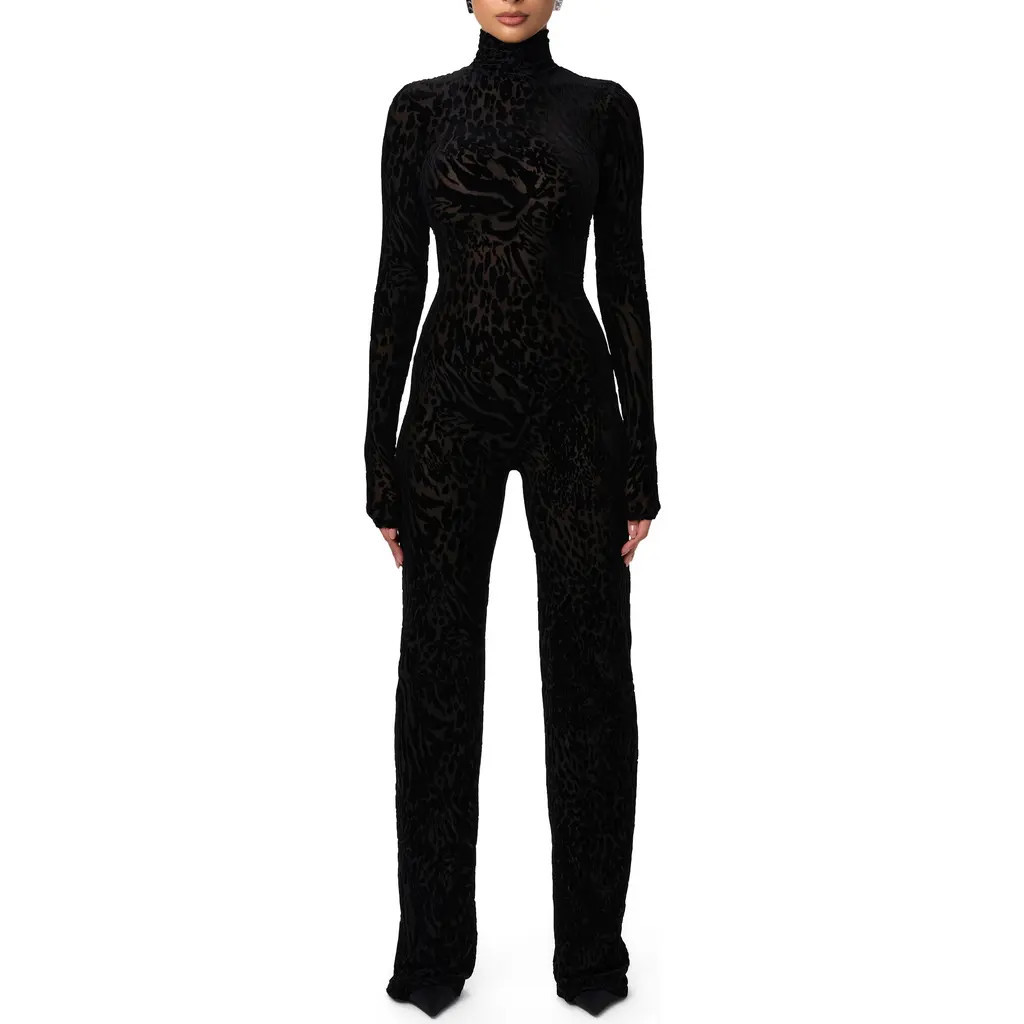 Naked Wardrobe Burnout Long Sleeve Jumpsuit in Black at Nordstrom, Size X-Large | Nordstrom