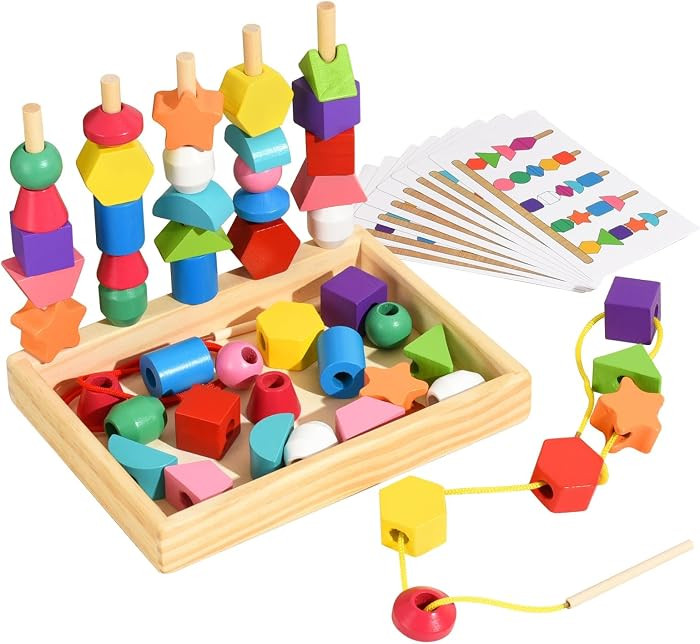 Montessori Bead Sequencing Set for Kids, Wooden Lacing Stacking Beads Toys | Amazon (US)
