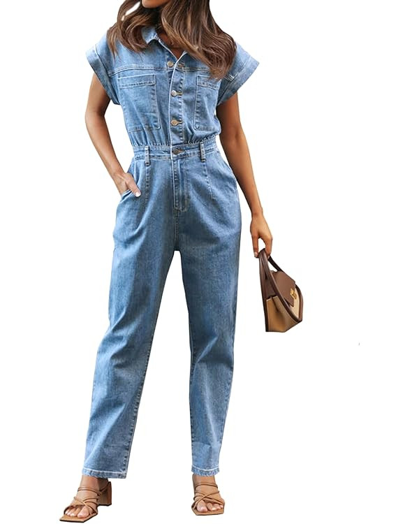 Tongmingyun Women's Cap Sleeve Denim Jumpsuit Button Down Straight Leg Jeans Long Pants Rompers w... | Amazon (US)