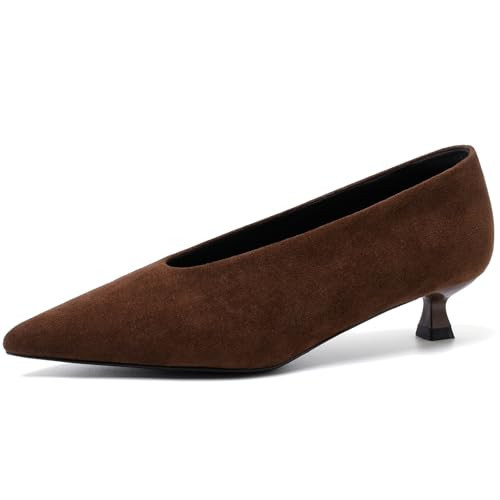 Mostrin Brown Kitten Heels for Women Pointed Closed Toe Heels Suede Women's Shoes Low Heel Pumps Shoes for Party Work Office | Amazon (US)