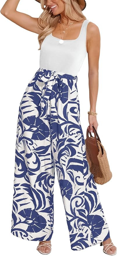 CUPSHE Women's Romper Square Neck Sleeveless Belted Pocket Wide leg Maxi Outfit Casual Dressy | Amazon (US)