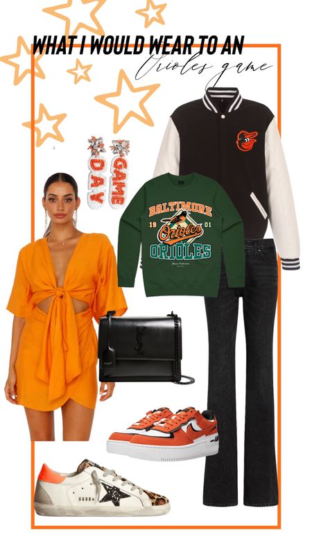 Gameday earrings are JFY Brand, sweatshirt is JWS Plumbing Inc, Golden Goose shoes available on GG’s website listed as “Super-Star sneakers with leopard-print insert,
glittery star and orange heel tab"