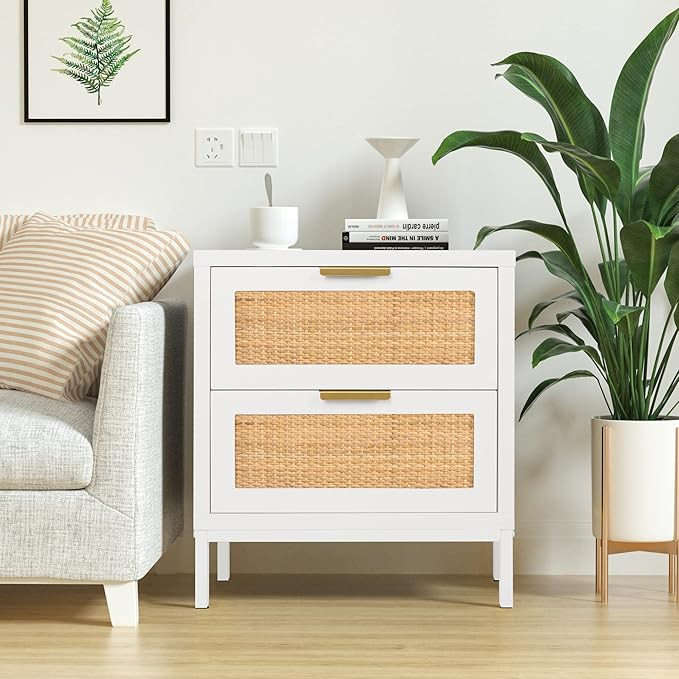 Anmytek 21" H Rattan Nightstand, Mid Century Modern Wood Bedside Table with 2 Drawers Simple Sofa... | Amazon (US)