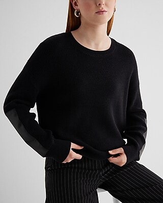 Relaxed Crew Neck Faux Leather Patch Sweater | Express