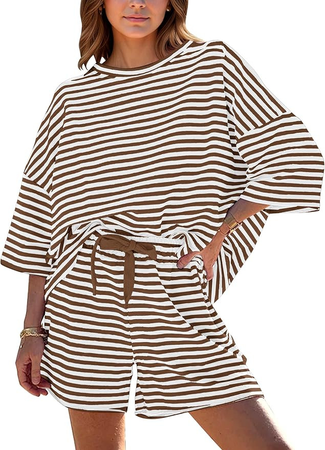 Two Piece Sets For Women Summer Striped Lounge Sets 3/4 Sleeve Crew Neck T Shirt Mini Shorts Matc... | Amazon (US)