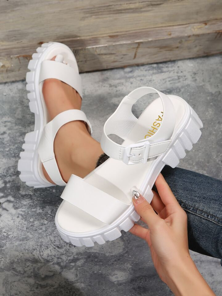 Women Wedge Sandals Ankle Strap Flatform Fashion Platform Sandals White, Fashionable White Solid ... | SHEIN