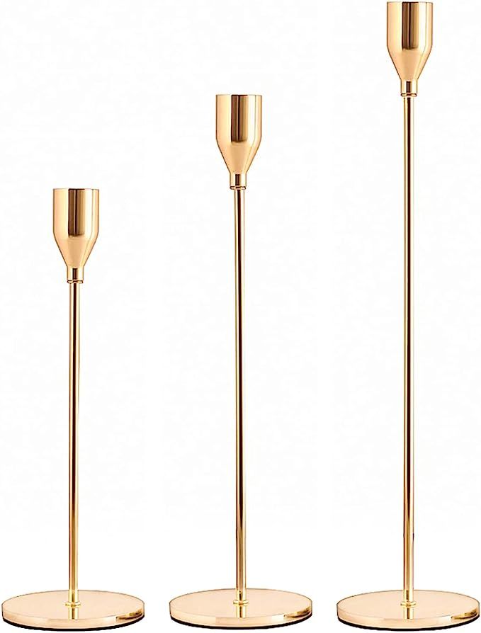 Candle Holders Rose Gold Candlestick Holders Set of 3 Metal Tall Candle Stand for Taper Candles, ... | Amazon (US)