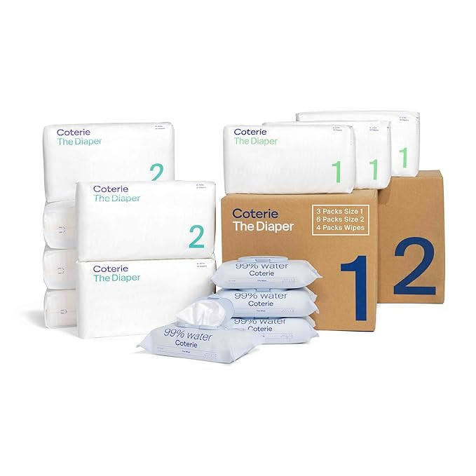 Coterie Baby Diapers + Wipes Baby Kit, Size 1 (99 Count) Size 2 (186 Count) 4 Wipe Packs (224 Wip... | Amazon (US)