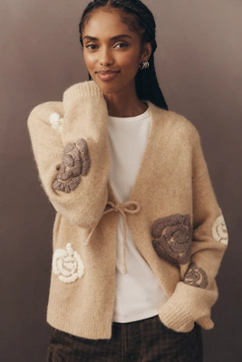 Flat White Embroidered Flower Cardigan Sweater | Anthropologie (US)