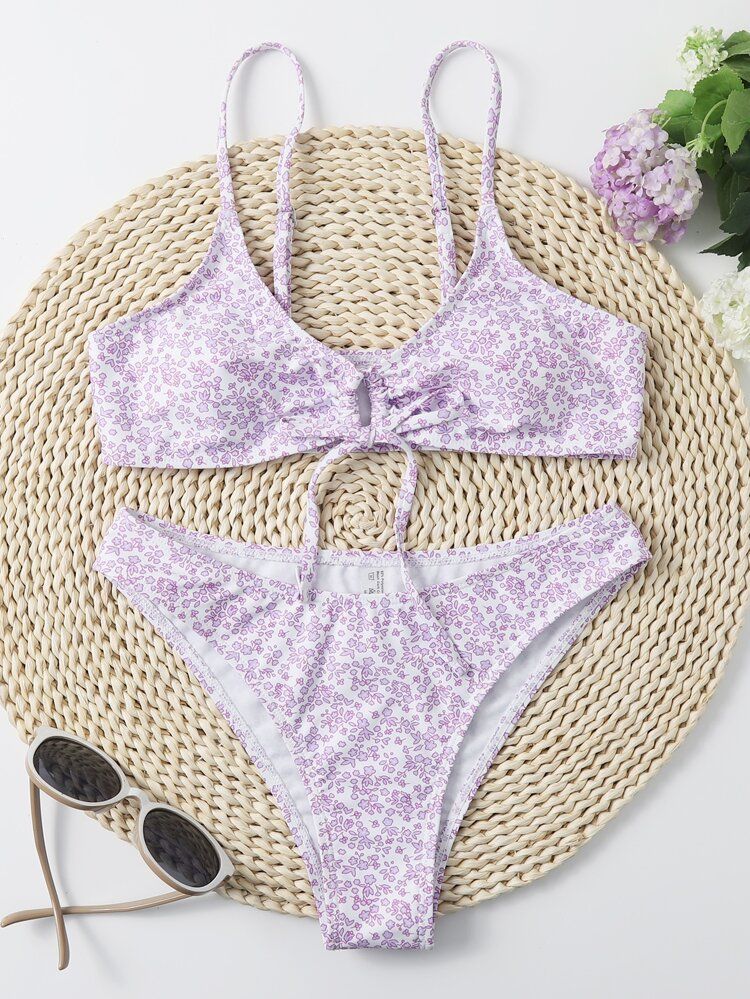 Calico Print Tie Front Bikini Swimsuit | SHEIN