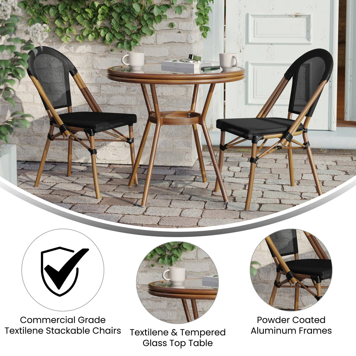 Rylan Round Indoor/Outdoor Commercial Bistro Set with Table and Two Chairs | Wayfair North America