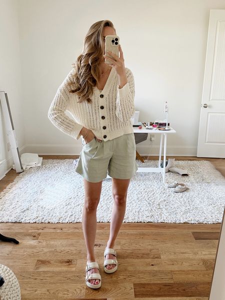 Spring outfit idea by BarbiGia. Soft tailored high waist shorts. Church outfit. Date night outfit. Casual spring sweater cardigan beach outfit 



#LTKfindsunder100 #LTKworkwear #LTKSeasonal