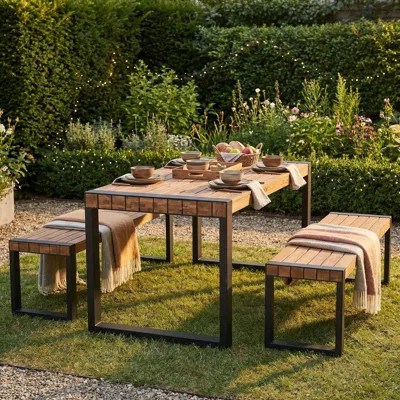3 - Piece Patio Bar Set, Space-Saving Dining Table With 2 Benches, Solid Wood, Metal Frame, Industrial Modern, Outdoor Use | Wayfair North America