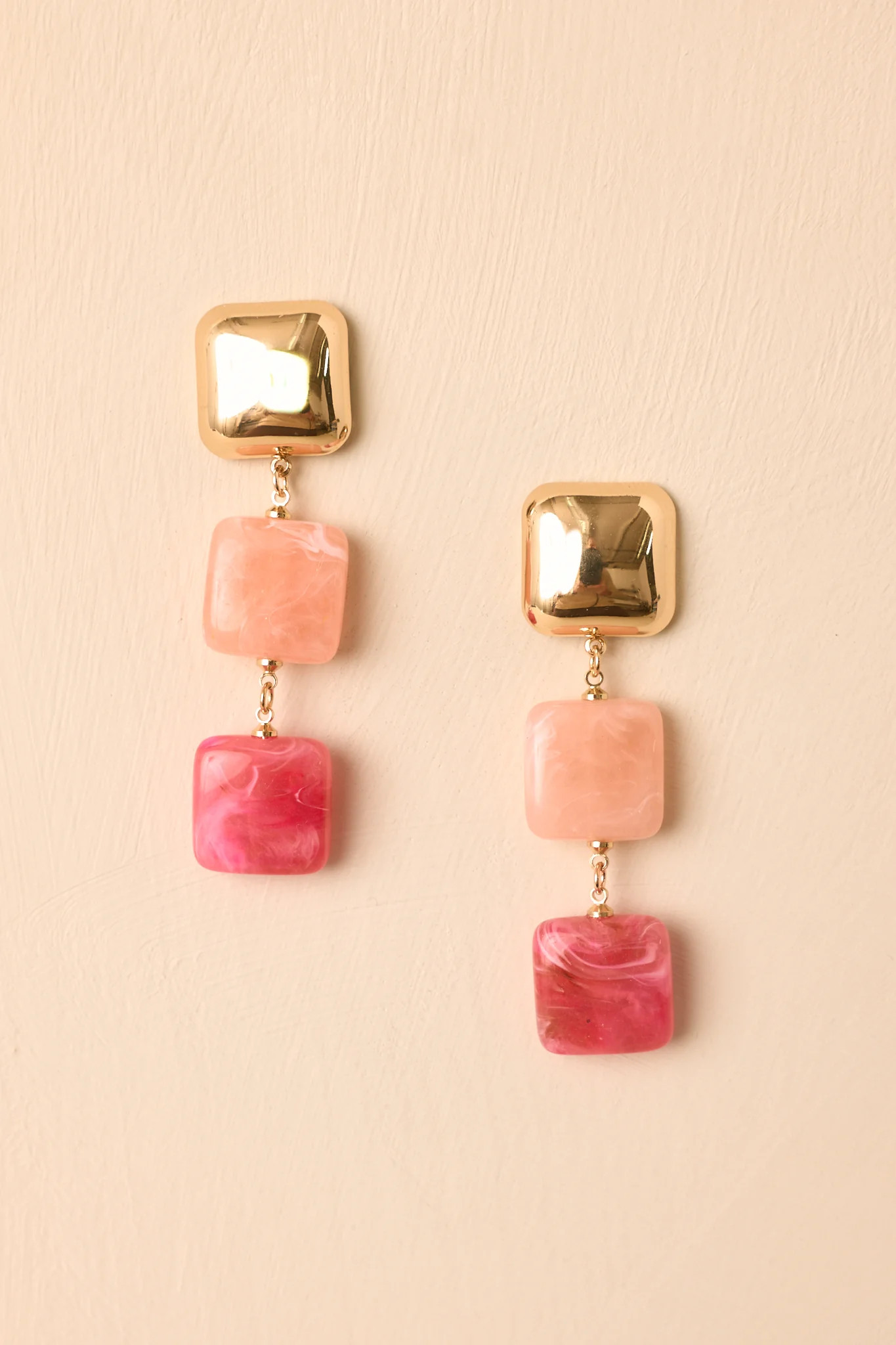 Catch the Sunset Pink & Gold Tiered Square Drop Earrings | Red Dress