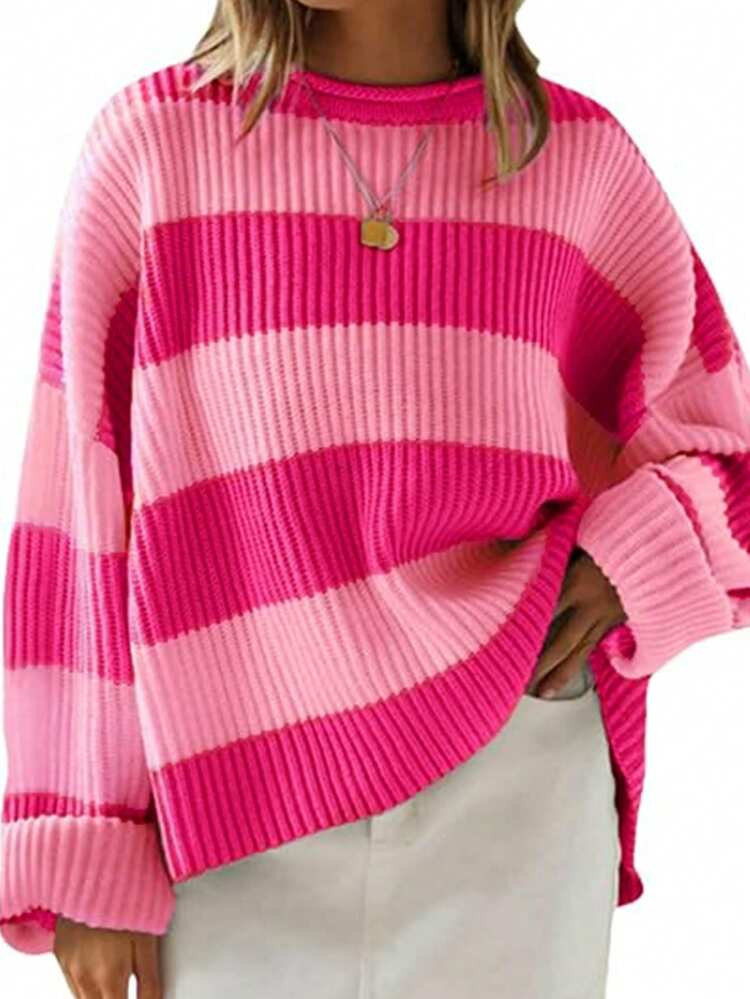 EMERY ROSE Plus Size Casual Colorblock Striped Sweater, Autumn/Winter | SHEIN