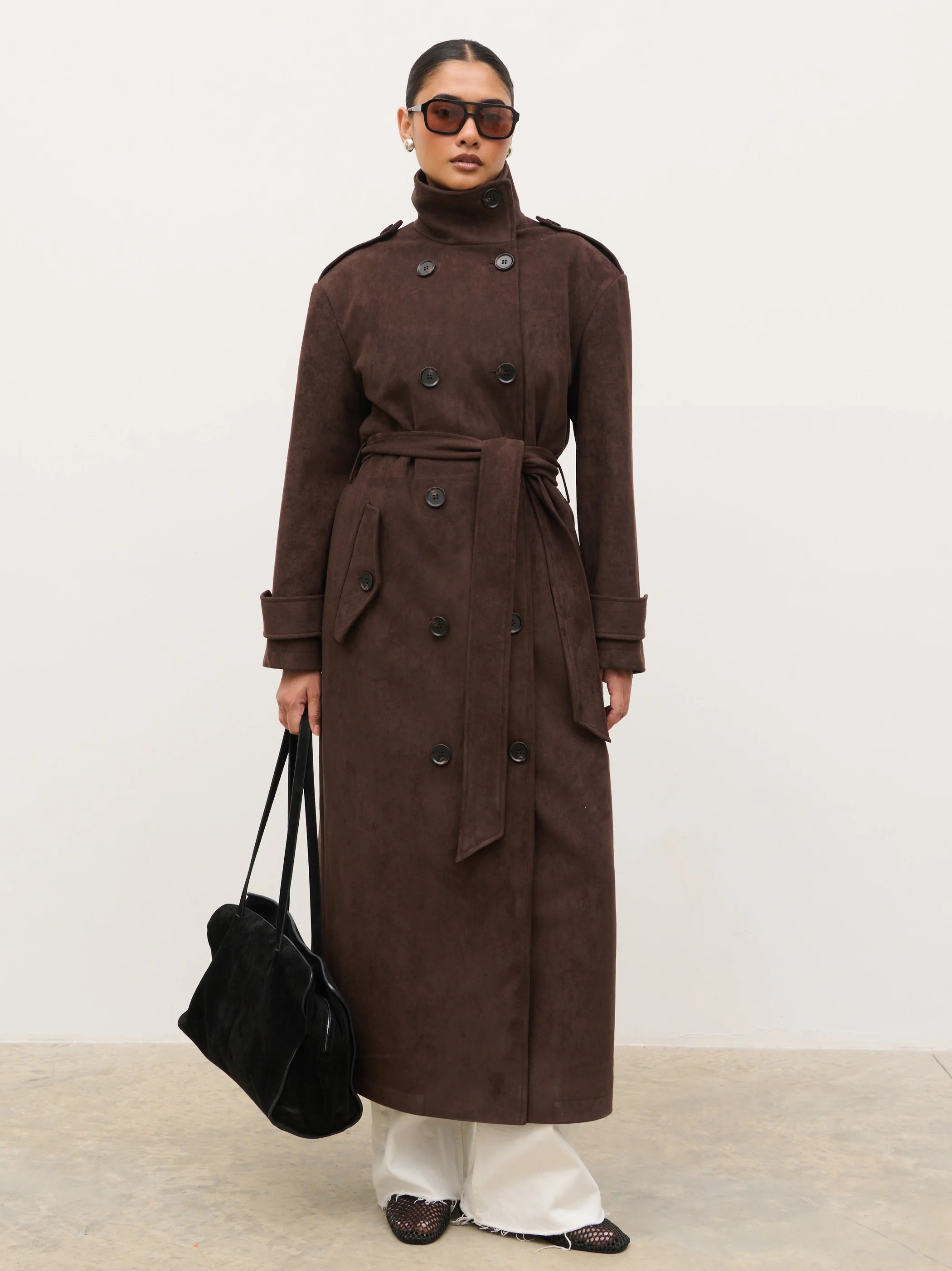 Leah Faux Suede Funnel Neck Trench - Chocolate Brown | Pretty Lavish (UK)