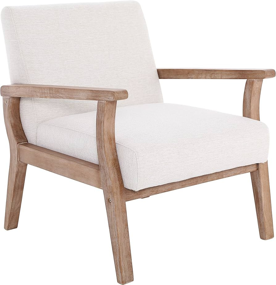 Wahson Mid Century Armchair with Wood Frames, White Linen Upholstered Farmhouse Living Room Chair... | Amazon (US)