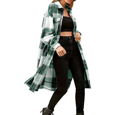 Sunisery Women s Long Plaid Shacket Long Sleeve Lapel Button Down Shirt Jacket Casual Vintage Street | Walmart (US)