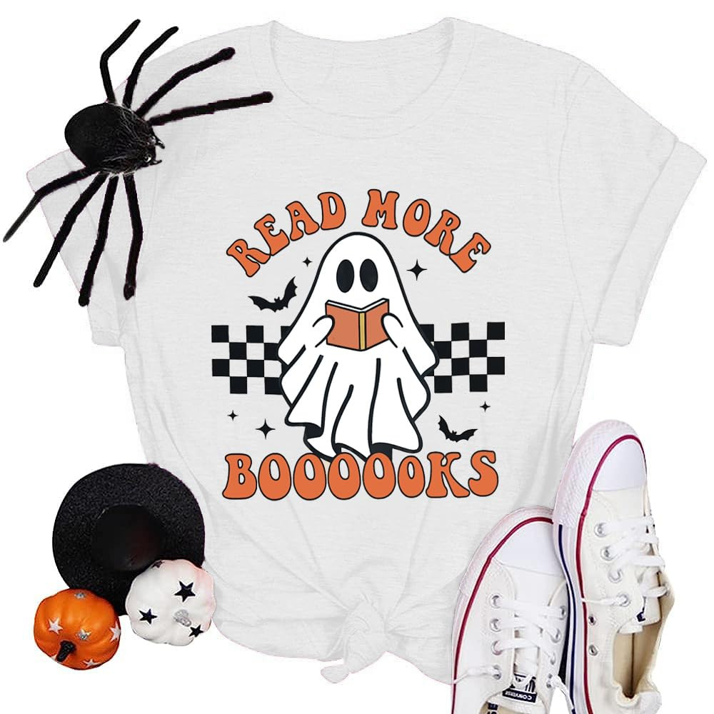 Halloween Teacher Shirts for Women Groovy Read More Books Ghost T-Shirt Short Sleeve Halloween Pa... | Amazon (US)