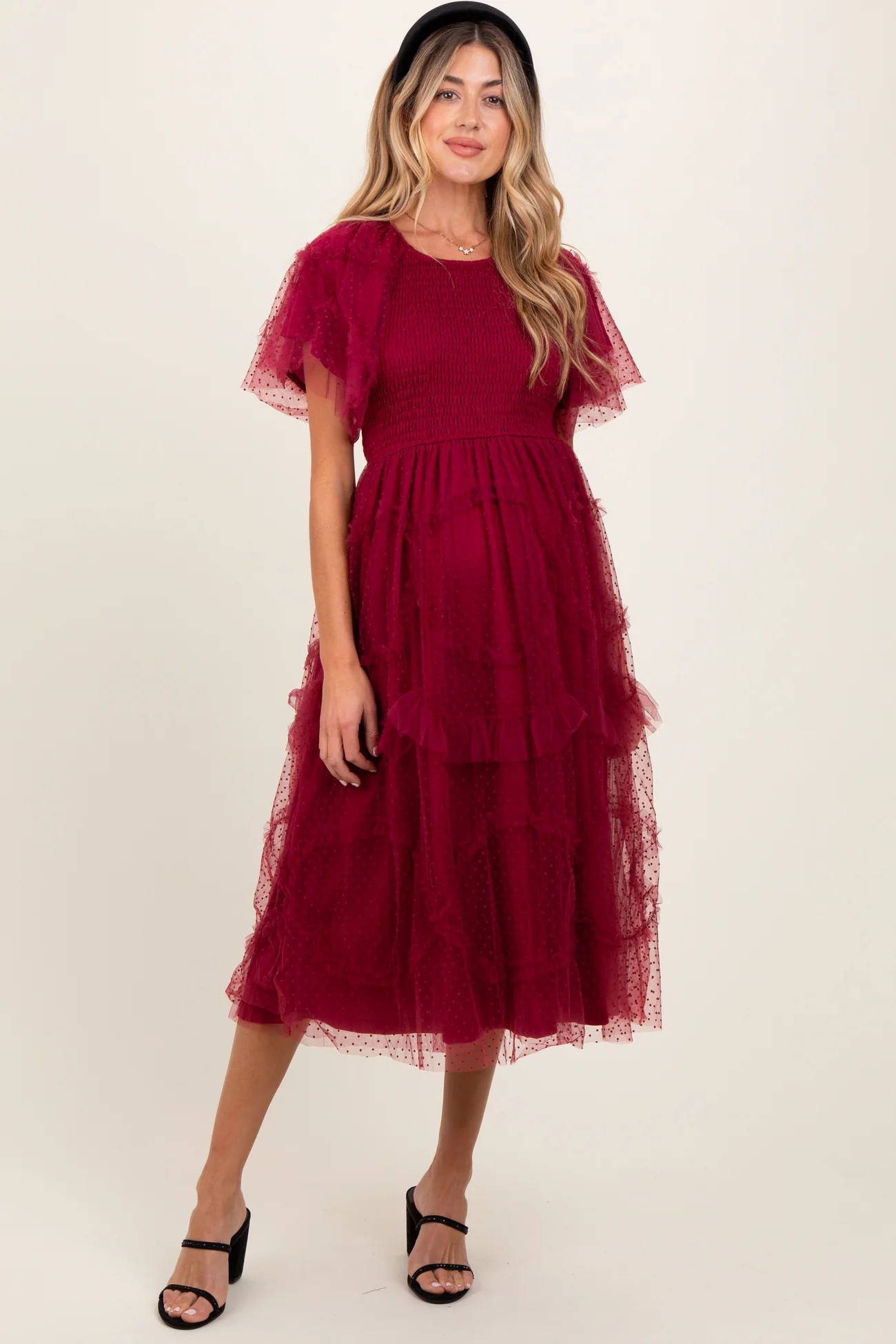 Burgundy Smocked Ruffled Mesh Maternity Midi Dress | PinkBlush Maternity