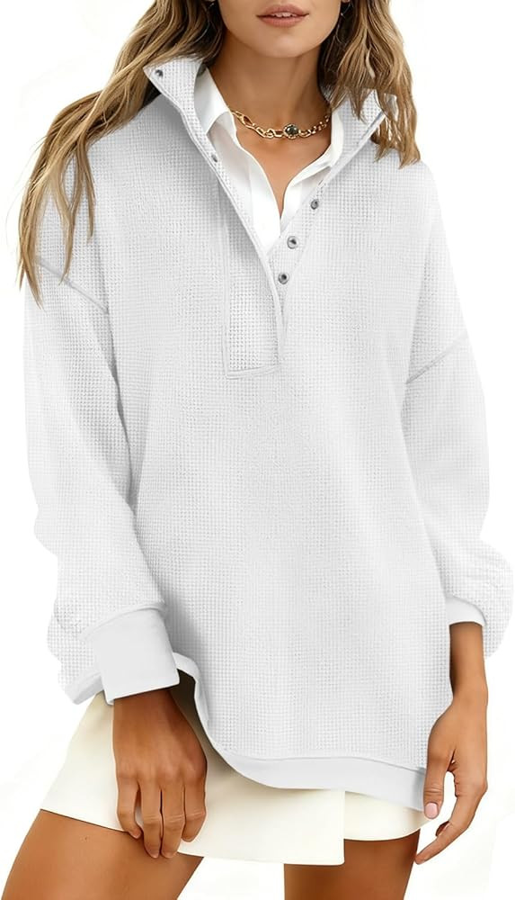 Fisoew Womens Waffle Knit Oversized Sweatshirt Casual Snap Stand Collar Long Sleeve Pullover Tops... | Amazon (US)
