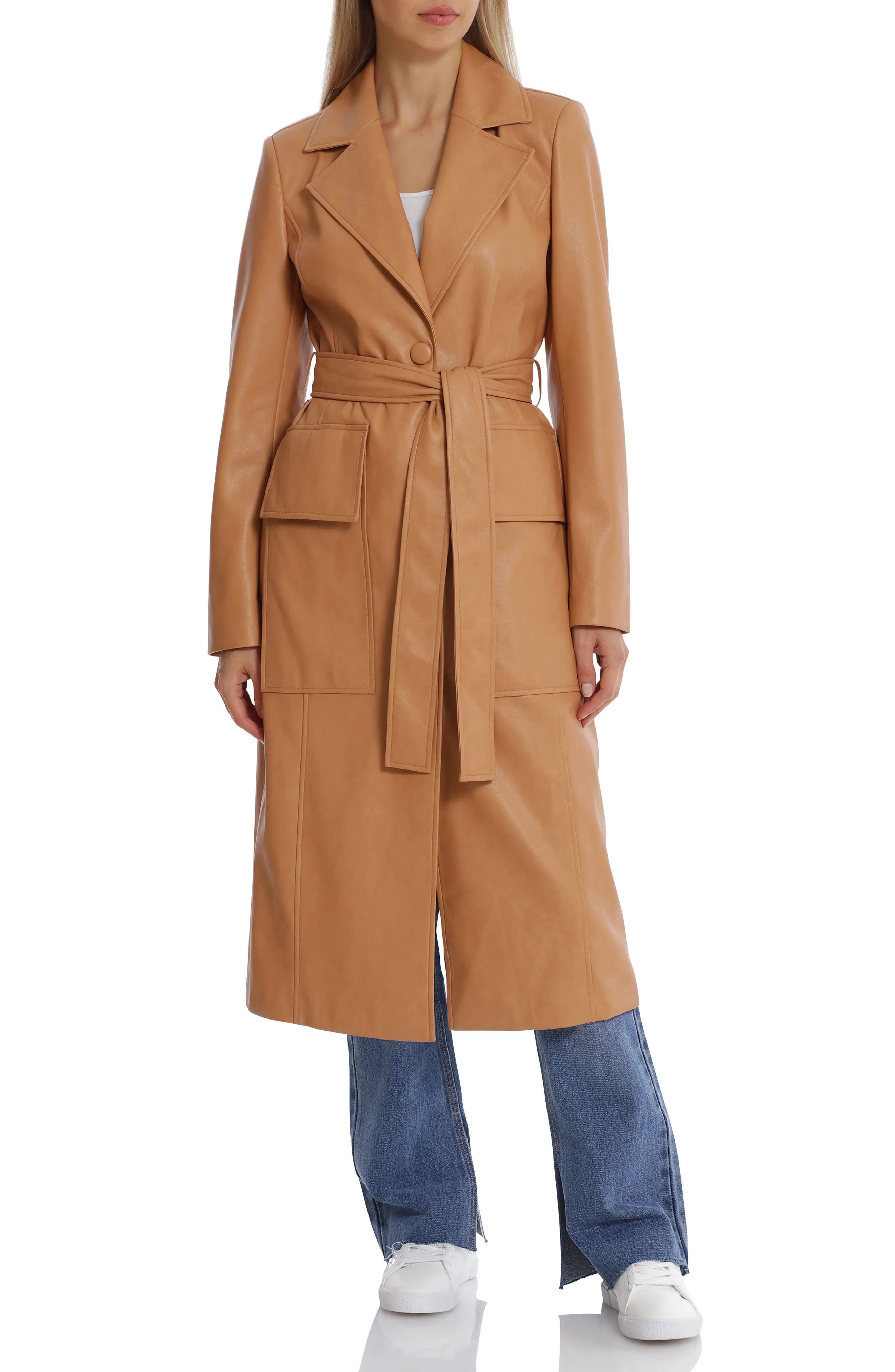 Avec Les Filles Belted Faux Leather Trench Coat in Biscotti at Nordstrom, Size Xx-Small | Nordstrom