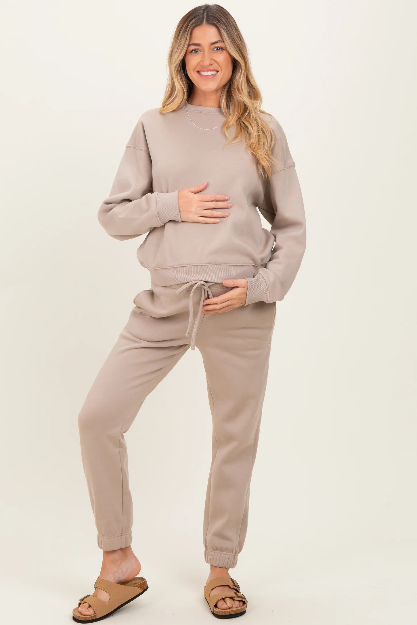 Light Mocha Fleece Long Sleeve Maternity Pullover & Jogger Set | PinkBlush Maternity