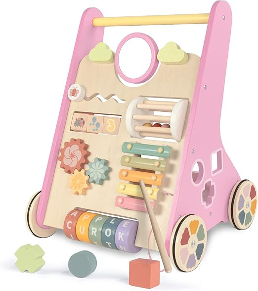 LOL-FUN Wooden Baby Walker With Wheels for Girls 12 Months - Pink Push Toy for 1 Year Old Walking | Amazon (US)