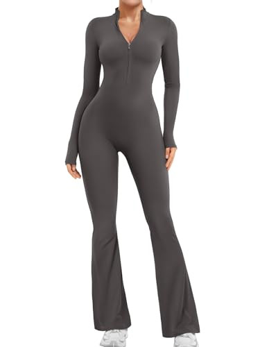YEOREO Women Long Sleeve Flare Workout Jumpsuit Zip Up Romper Bottom Pants Wide Leg Bodysuit Bodycon Sexy One Piece Ash S | Amazon (US)
