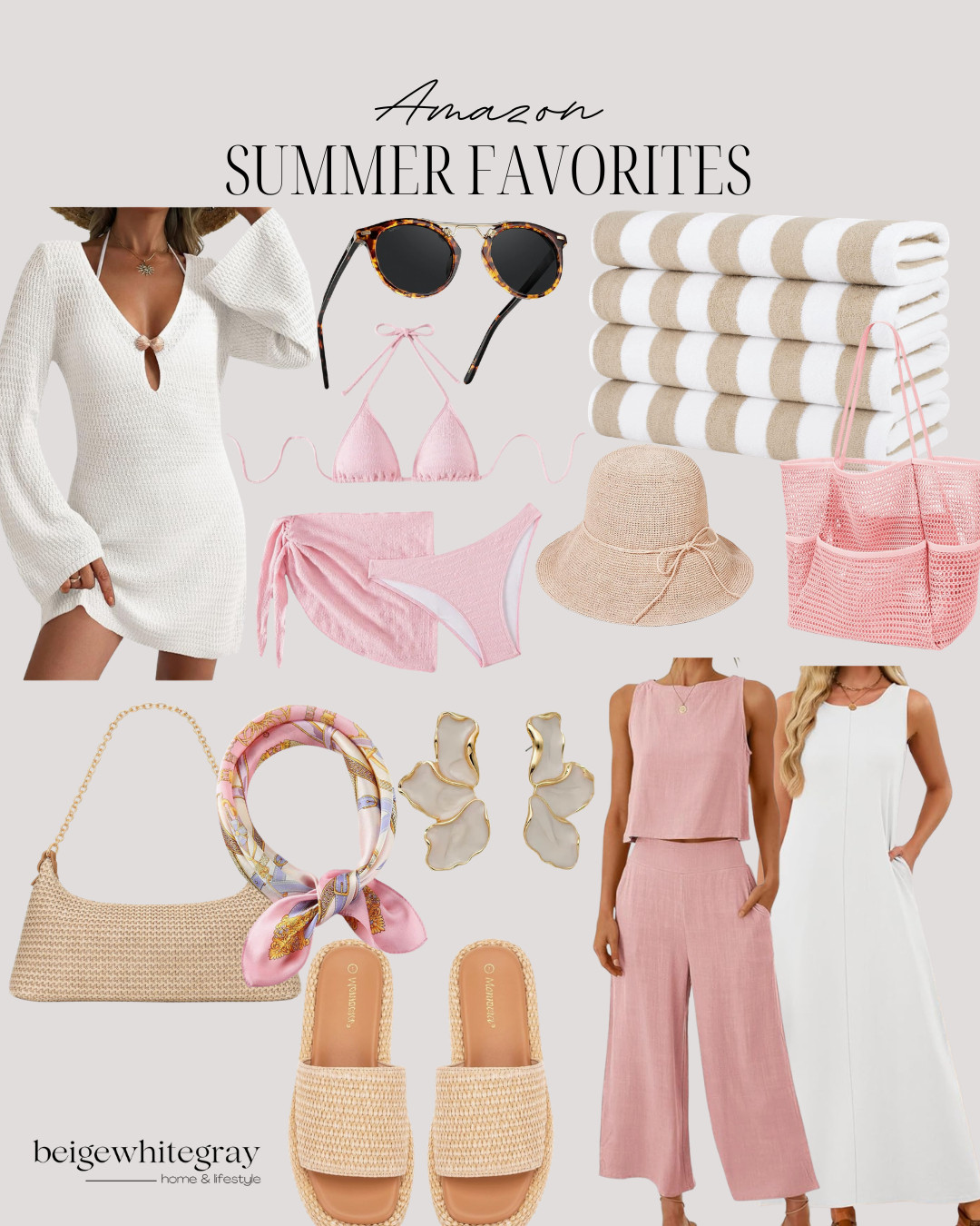 Amazon Summer Favorites, summer favorites, amazon summer finds, beach essentials, poolside accessories, vacation essentials, cover up dress, pink bikini set, striped beach towels, woven beach bag, floppy sun hat, raffia sandals, statement earrings, silk neck scarf, neutral summer fashion, resort wear women, beach vacation outfits, amazon fashion favorites, travel essentials for women, coastal style fashion, summer accessories

#LTKgrwm #LTKBeauty #LTKTravel