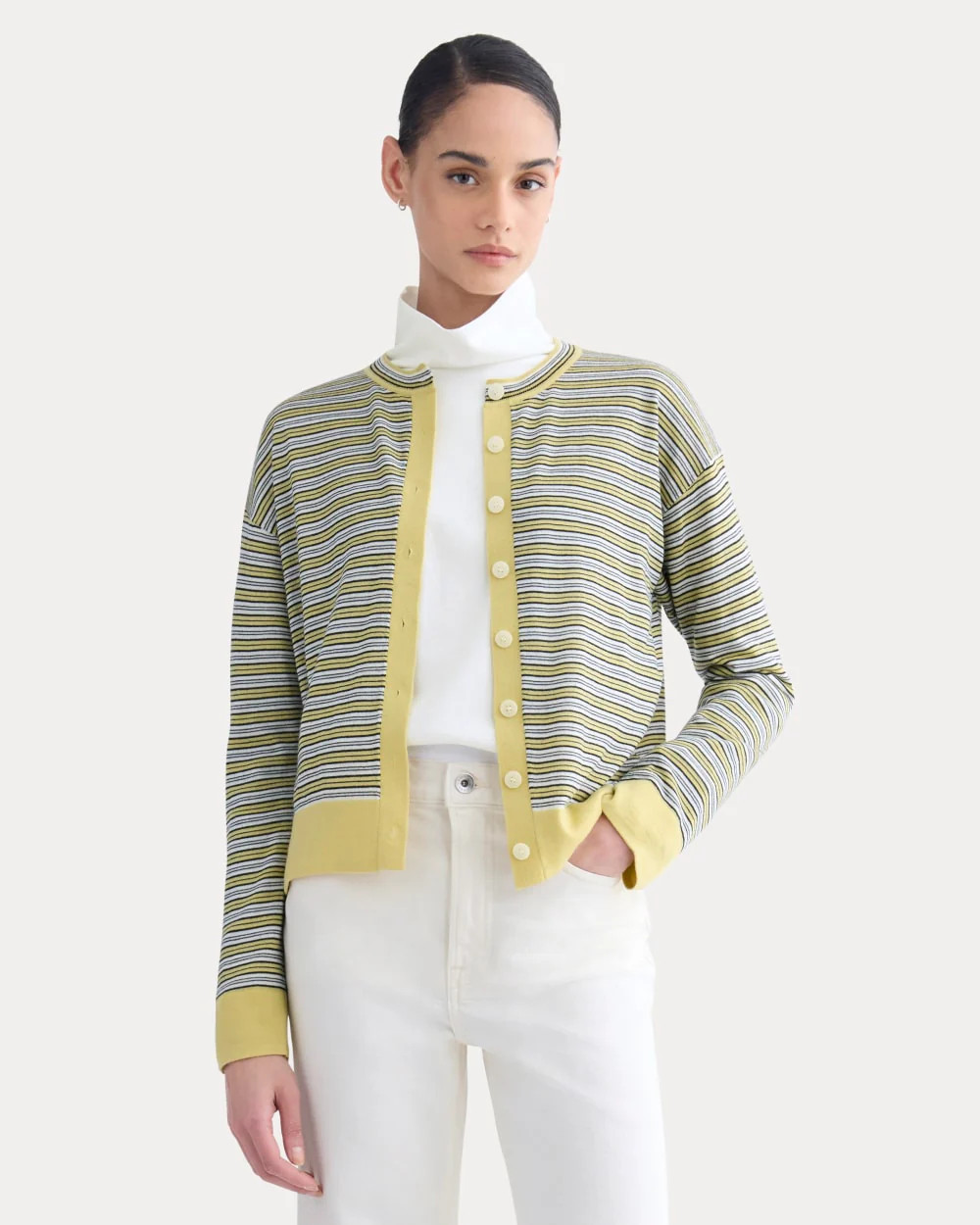 Crew Cardigan in Ultrasoft Merino | Double Cream Multi Stripe | Everlane