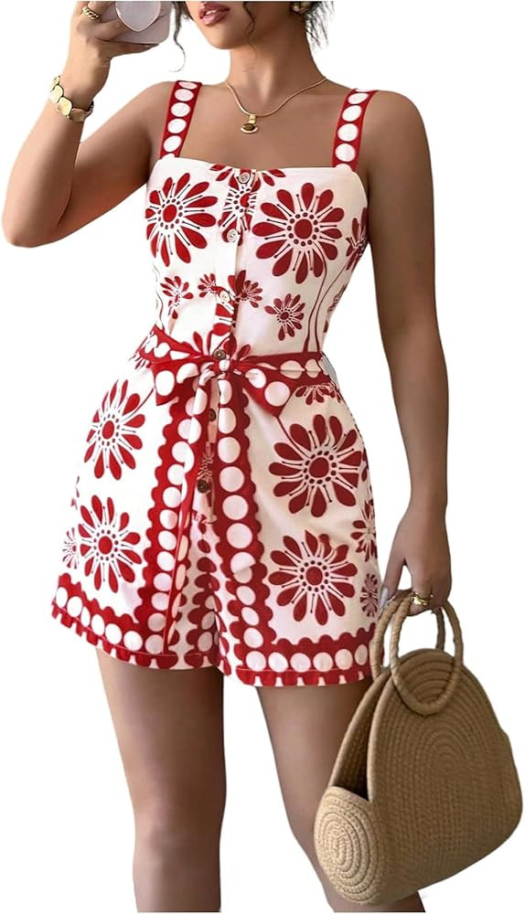 SOLY HUX Women's Boho Print Wide Leg Short Jumpsuits Summer Square Neck Belted Vacation Romper | Amazon (US)