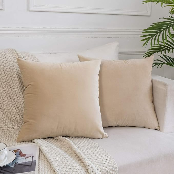 JUSPURBET Khaki Velvet Throw Pillow Covers 22x22 Set of 2,Decorative Soft Solid Cushion Cases for... | Amazon (US)