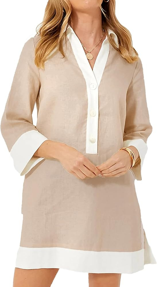 Kedera Women Botton Shirt Dress V Neck Short Sleeves Summer Linen Shift Tunic Dress with Pockets | Amazon (US)