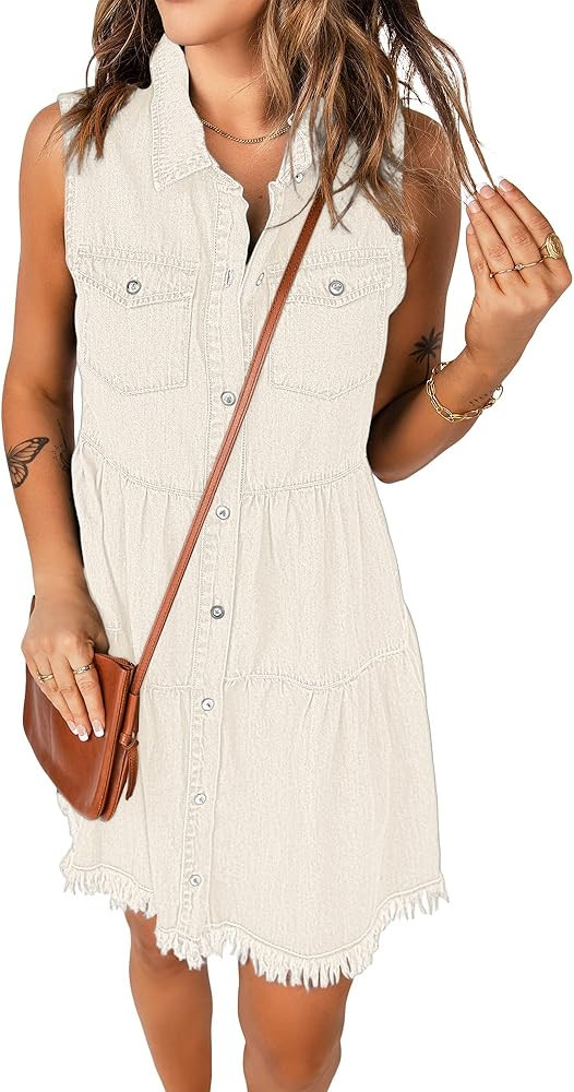 luvamia Women's Casual Summer Lapel Sleeveless Button Down Short Denim Jean Dress | Amazon (US)