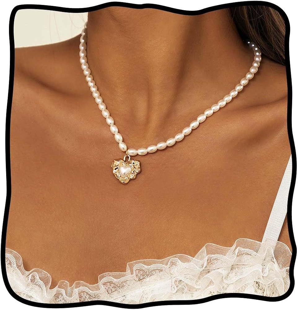 Nicute Heart Pearl Necklace White Vintage Classic Choker Chain Crystal Sparkly Bridal Wedding Nec... | Amazon (US)