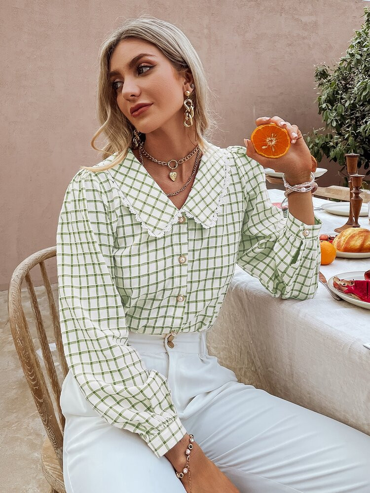 Simplee Plaid Peter-pan Collar Lace Trim Button Through Blouse | SHEIN