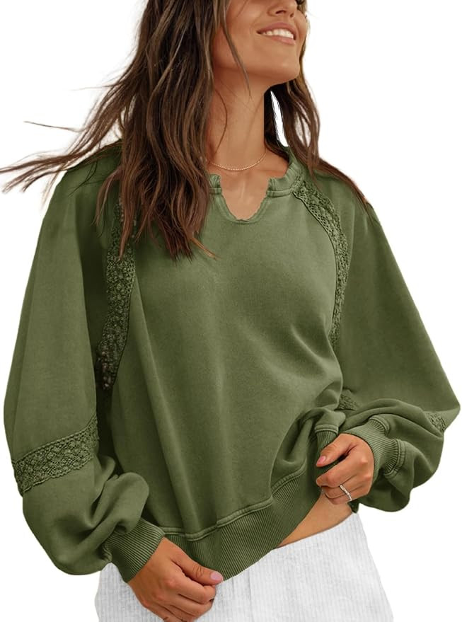 Fisoew Womens Casual Sweatshirt Lantern Long Sleeve V Neck Lace Loose Fit Fall Pullover Tops | Amazon (US)