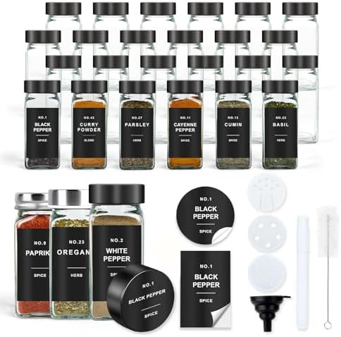 Spice Jars with Label, 24pcs 4oz Glass Spice Jars with Black Lids, Square Spice Containers with 3... | Amazon (US)