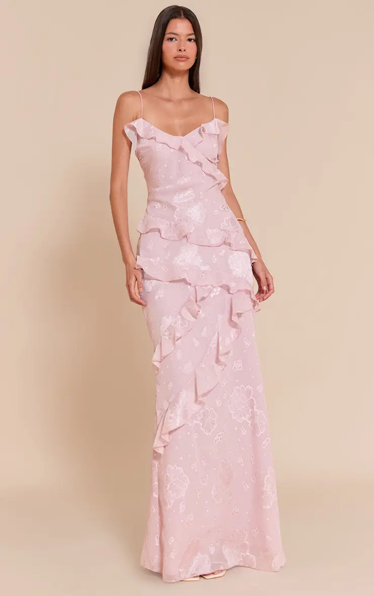 Light Pink Floral Embroidered Frill Maxi Dress | PrettyLittleThing UK