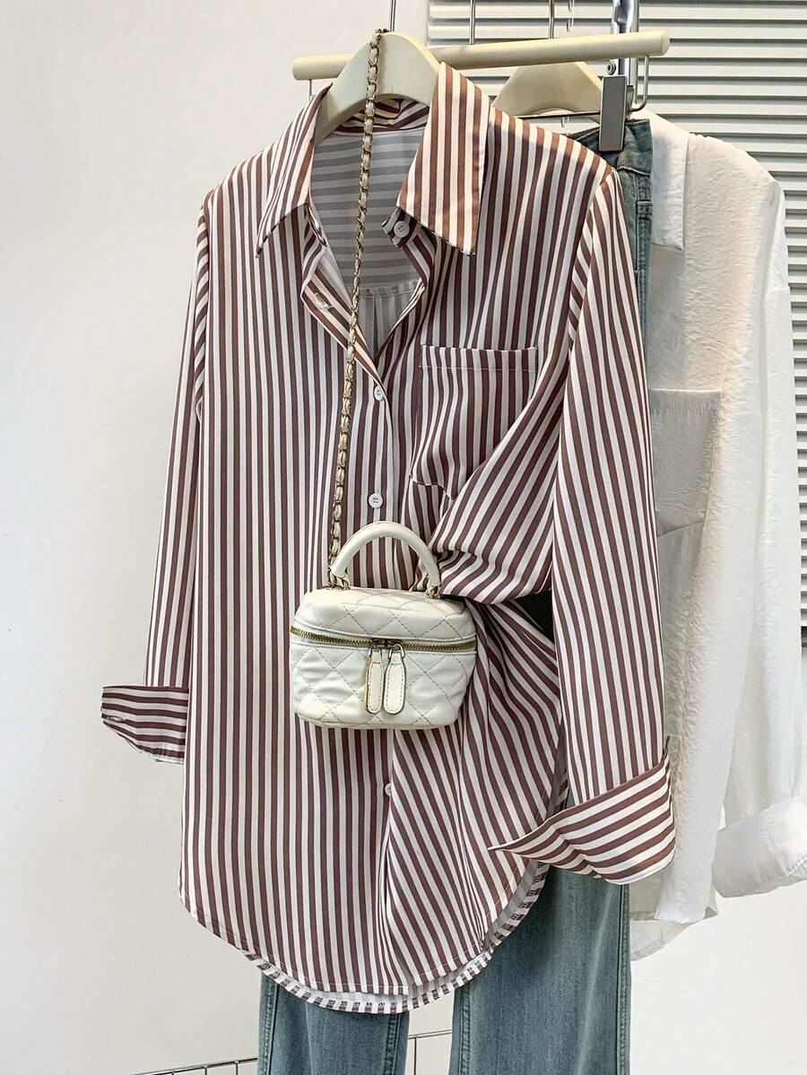 Women's Casual Basic Striped Pointed Collar Long Sleeve Shirt Blouse With Button Pockets, Suitabl... | SHEIN