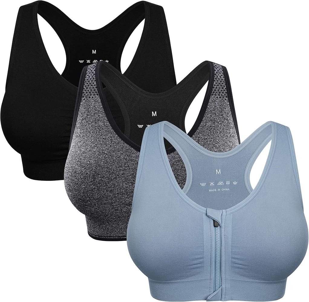 Women's Zip Front Sports Bra Wireless Post-Surgery Bra Active Yoga Sports Bras | Amazon (US)