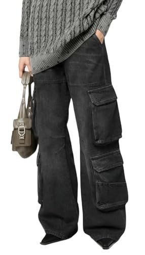 Baggy Cargo Jeans for Woman Straight Wide Leg High Waist Stretch Frayed Boyfriend Y2k Jeans Black XXL | Amazon (US)